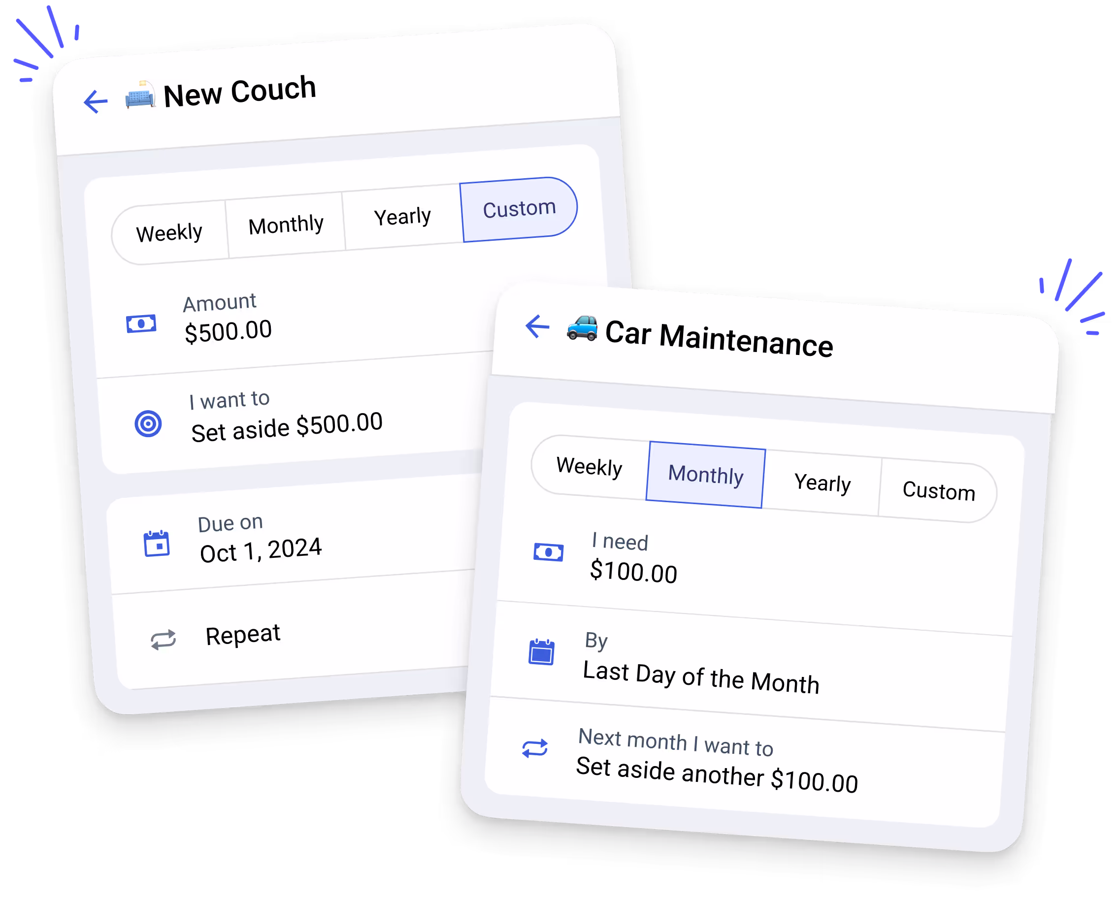 Two category targets, one for a new couch and one for car maintenance
